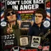 Comic-style Oasis reunion poster featuring two band members on stage, crowd in the background, and bold text: 'Oasis: Donโt Look Back in Anger' with 'The Reunion Movie' and 'Live Forever' cues; includes film clapperboard and magazine logos.