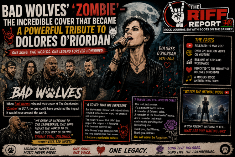 2f0ead0c-adb8-43f5-b467-349dac46046f - the Riff Report Blog Poster-style tribute to Dolores OāRiordan: Bad Wolves cover art with the band performing and bold headlines in red, yellow, and white.