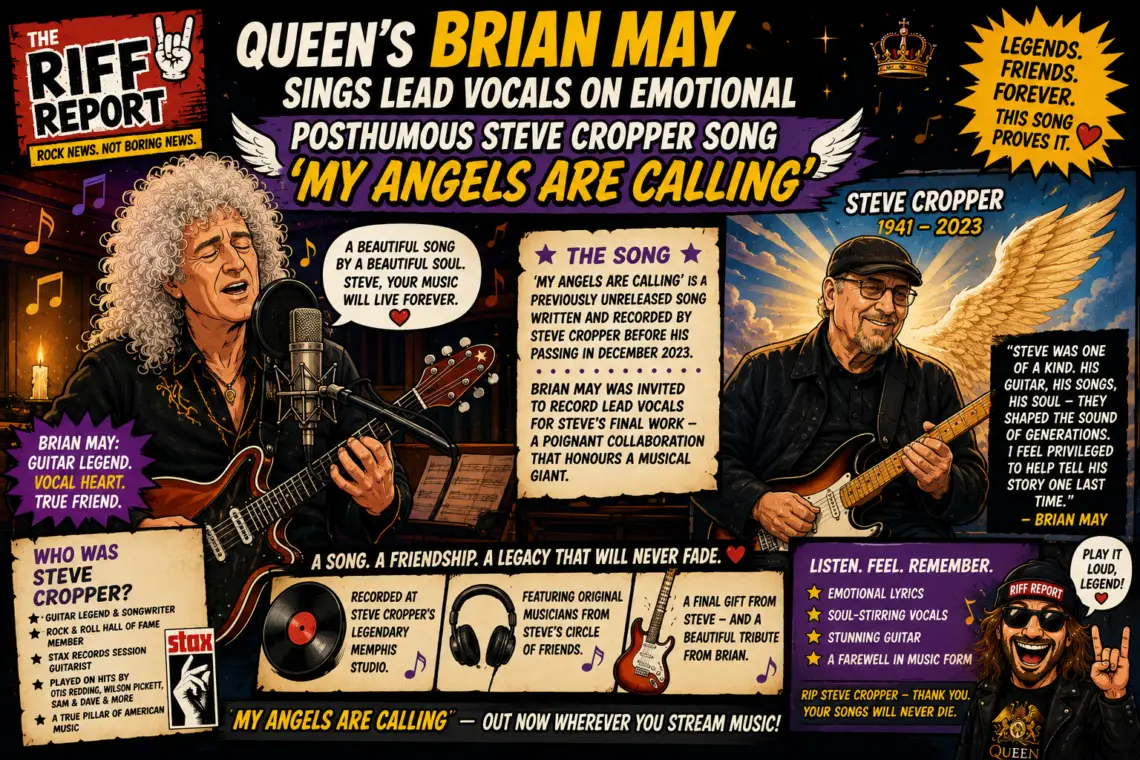 Comic-style poster announcing Brian May singing lead vocals on 'My Angels Are Calling' for Steve Cropper, with portraits of May and Cropper and bold headlines.