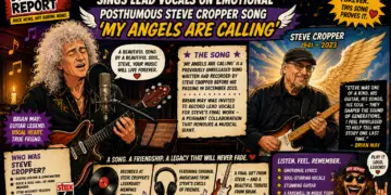 37cf4377-9c88-4e96-9972-5fb3fbb69612 - the Riff Report Blog Comic-style poster announcing Brian May singing lead vocals on 'My Angels Are Calling' for Steve Cropper, with portraits of May and Cropper and bold headlines.
