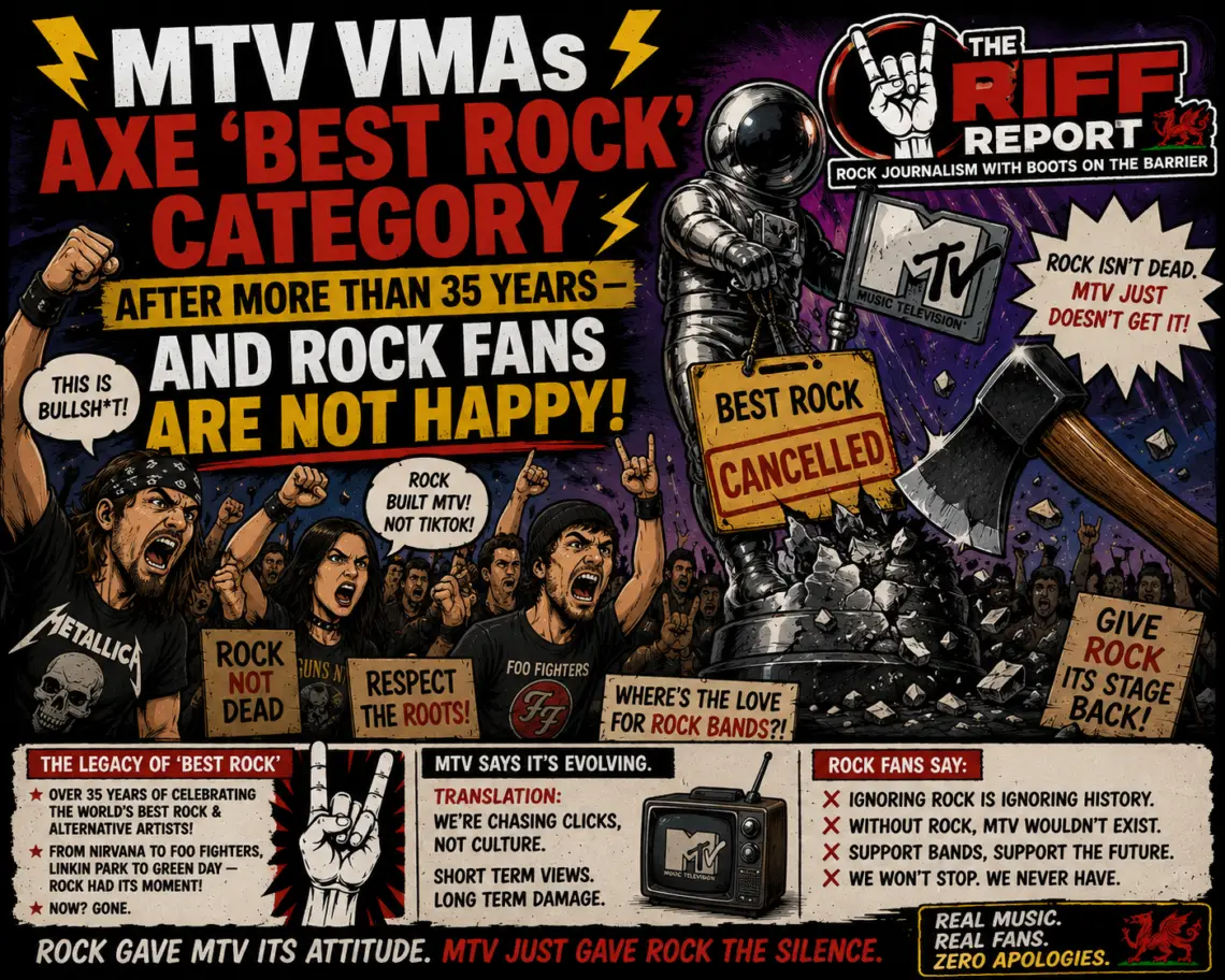 Bold protest poster urging MTV VMAs to uphold 'Best Rock' category, with rock fans and slogans like 'Rock isn’t dead' and 'Best Rock cancelled'.