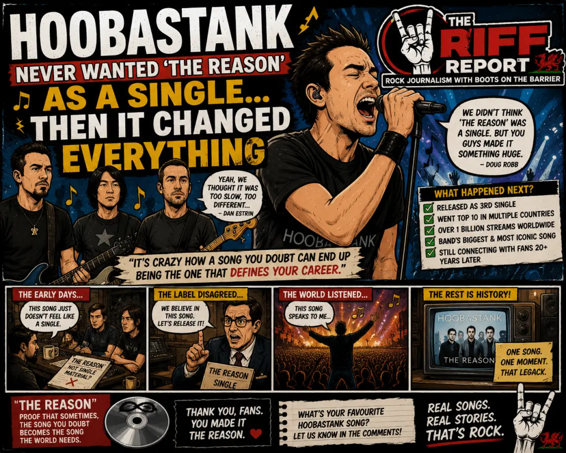 Comic-style poster advertising Hoobastank's single 'The Reason': a band performs on stage with bold headlines, speech bubbles, and panels outlining the song's history and reception.