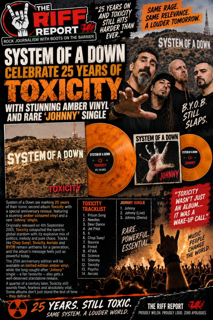 Promotional poster for System of a Down’s 25 years of Toxicity with orange vinyl, band photo, and crowd at bottom.