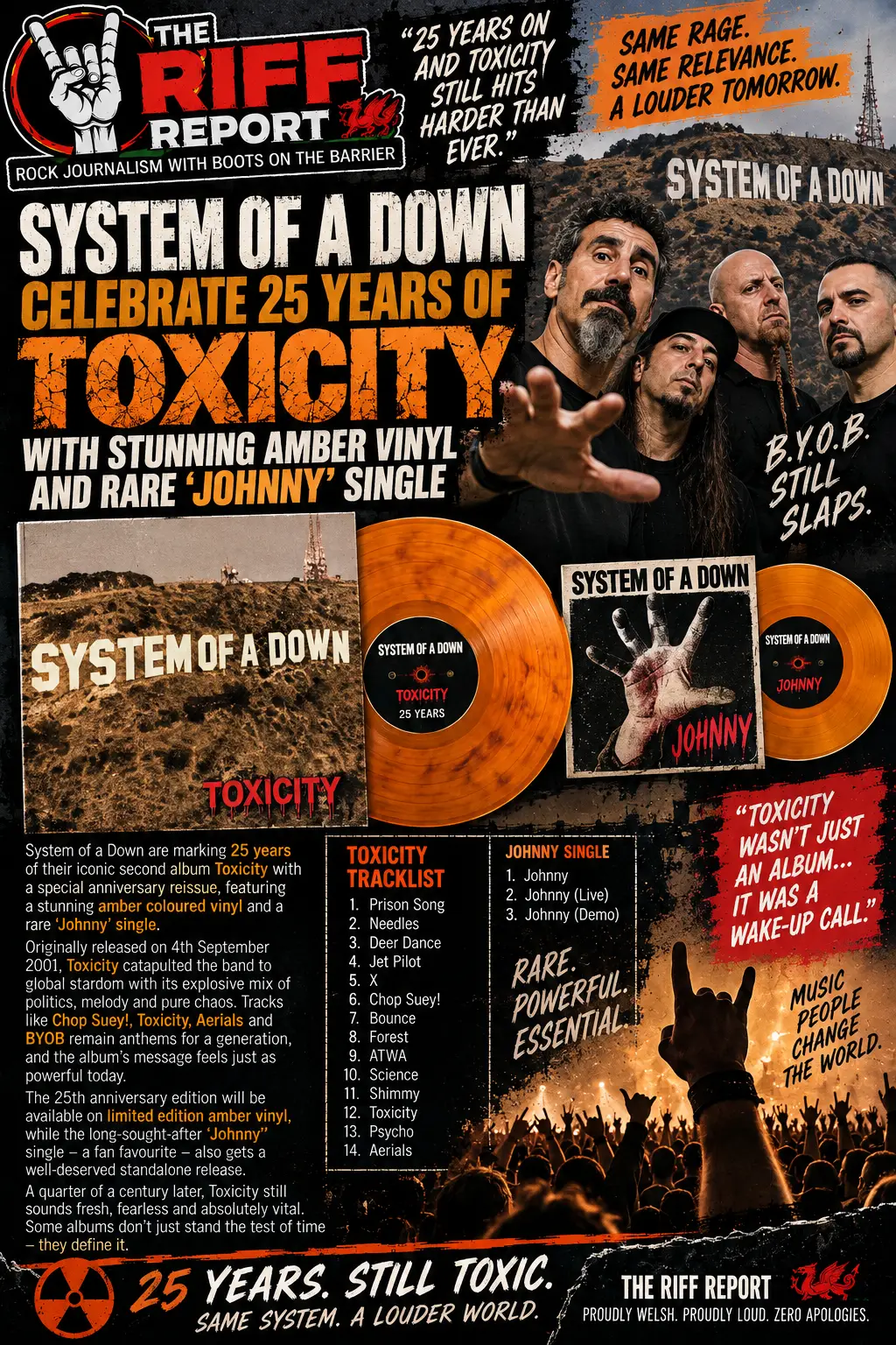 Promotional poster for System of a Down’s 25 years of Toxicity with orange vinyl, band photo, and crowd at bottom.