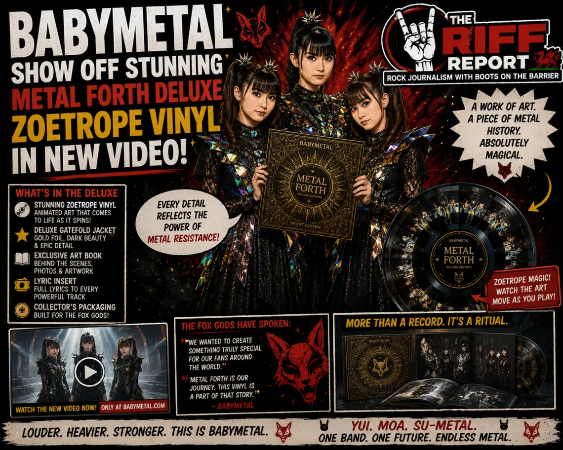 Promotional poster for Babymetal Metal Forth Deluxe zeotrope vinyl, showing three members in ornate armor holding a decorative album amid bold text and a vinyl wheel on the right.
