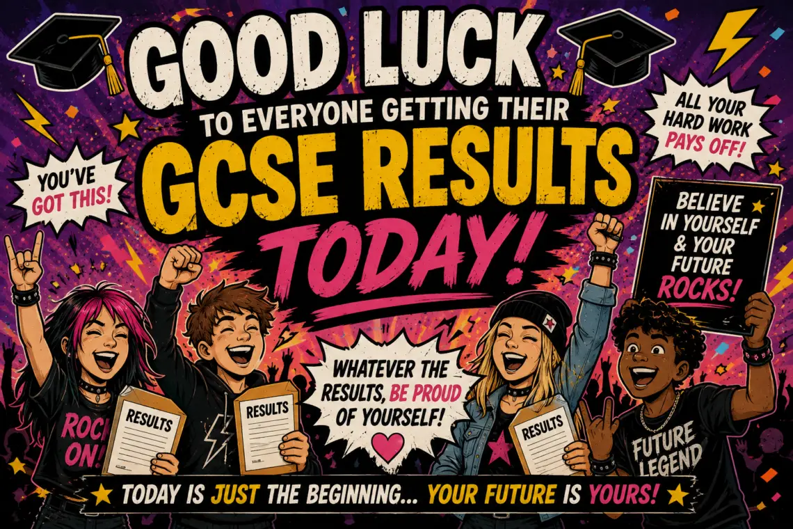Bright, bold poster of celebrating students holding GCSE results papers with 'GCSE RESULTS TODAY!' title above them.