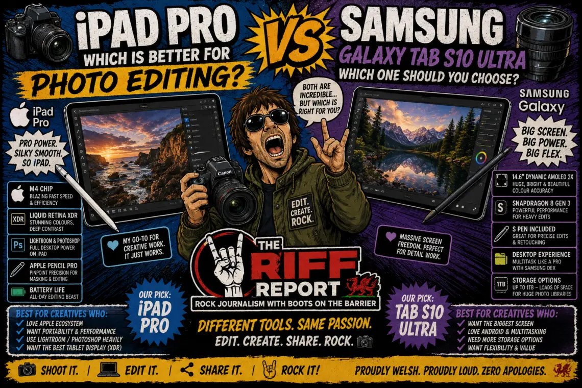 Vibrant infographic comparing iPad Pro and Samsung Galaxy Tab S10 Ultra for photo editing, with two tablets showing landscape photos and a central shouting mascot.