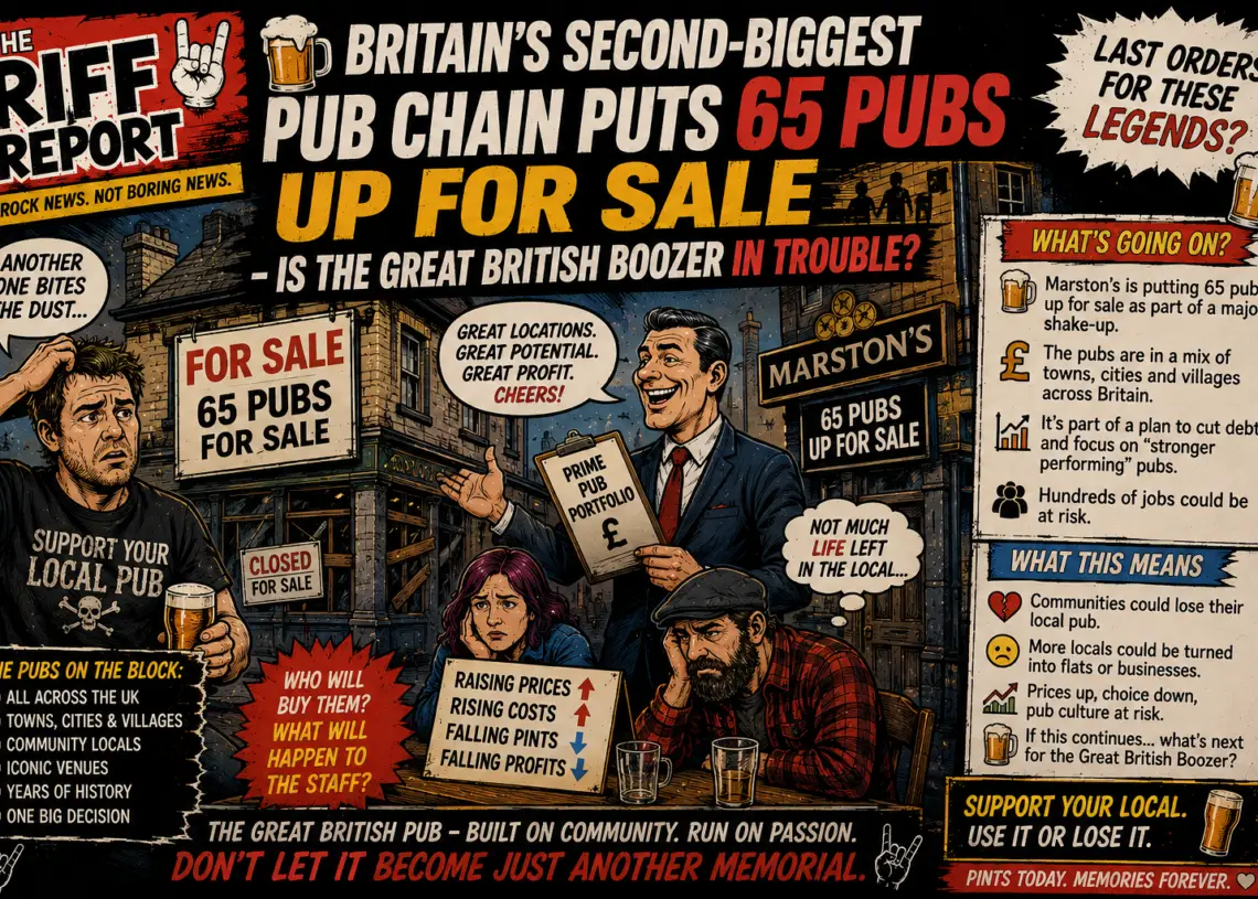 Infographic about Britain's pub chain up for sale, with people reacting to signs like 'FOR SALE 65 PUBS FOR SALE'.