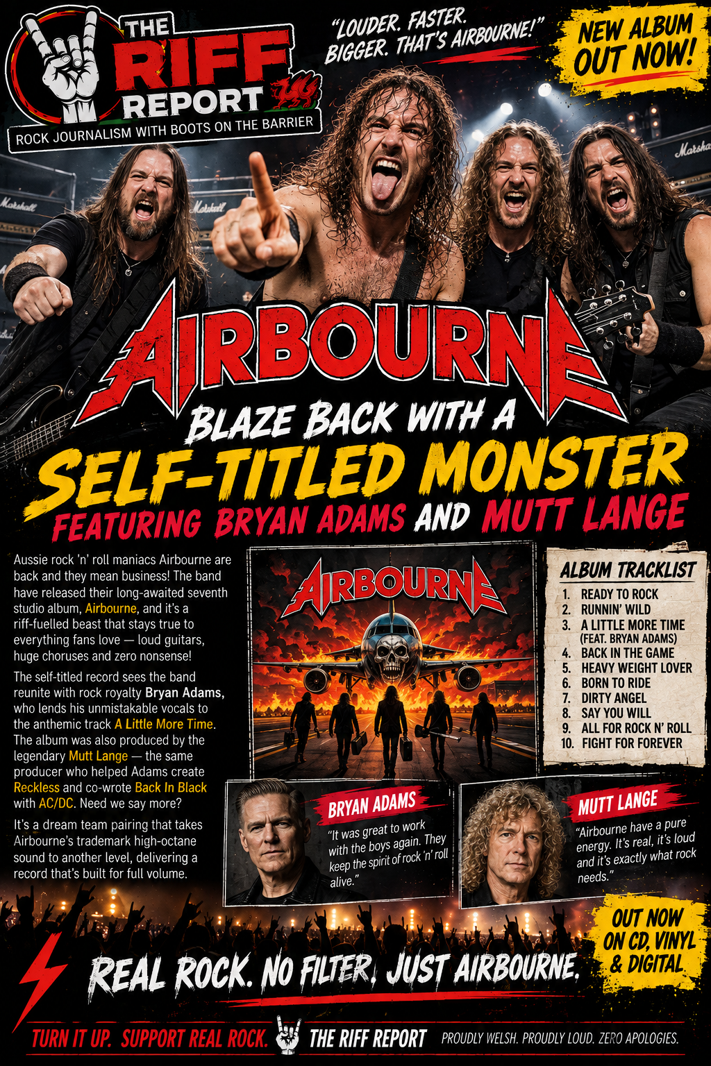 Concert poster featuring the rock band Airbourne with bold red logo, four musicians posing aggressively, and the headline 'Self-Titled Monster.'