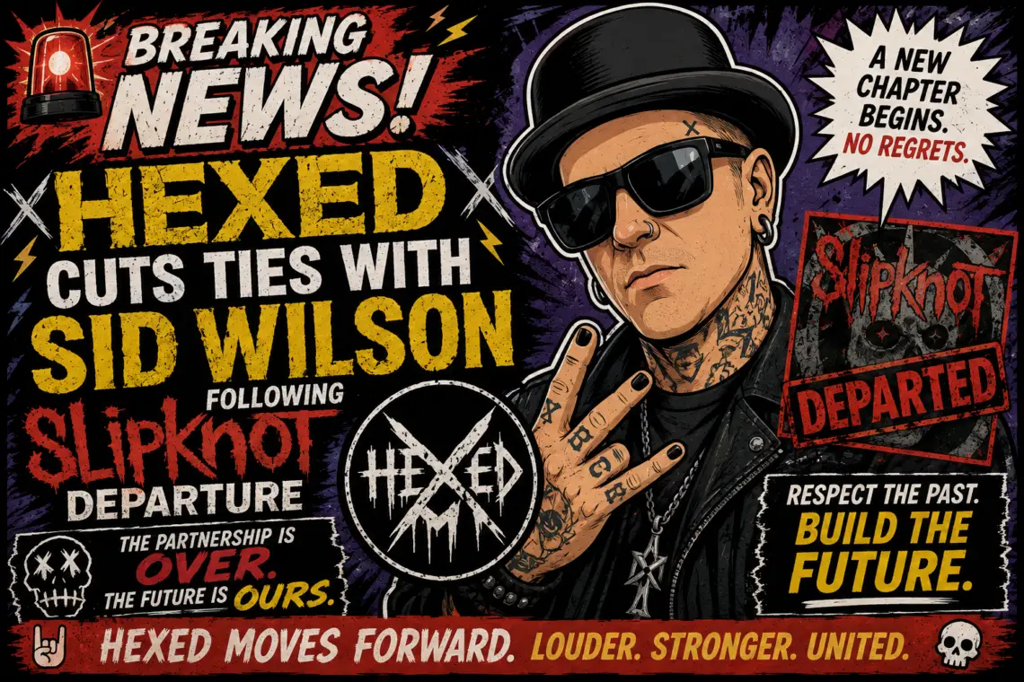 Comic-style breaking-news poster announcing HEXED cuts ties with Sid Wilson after Slipknot departure, featuring a tattooed man in sunglasses and hat giving a hand gesture and bold yellow/white text with logos and stamps.