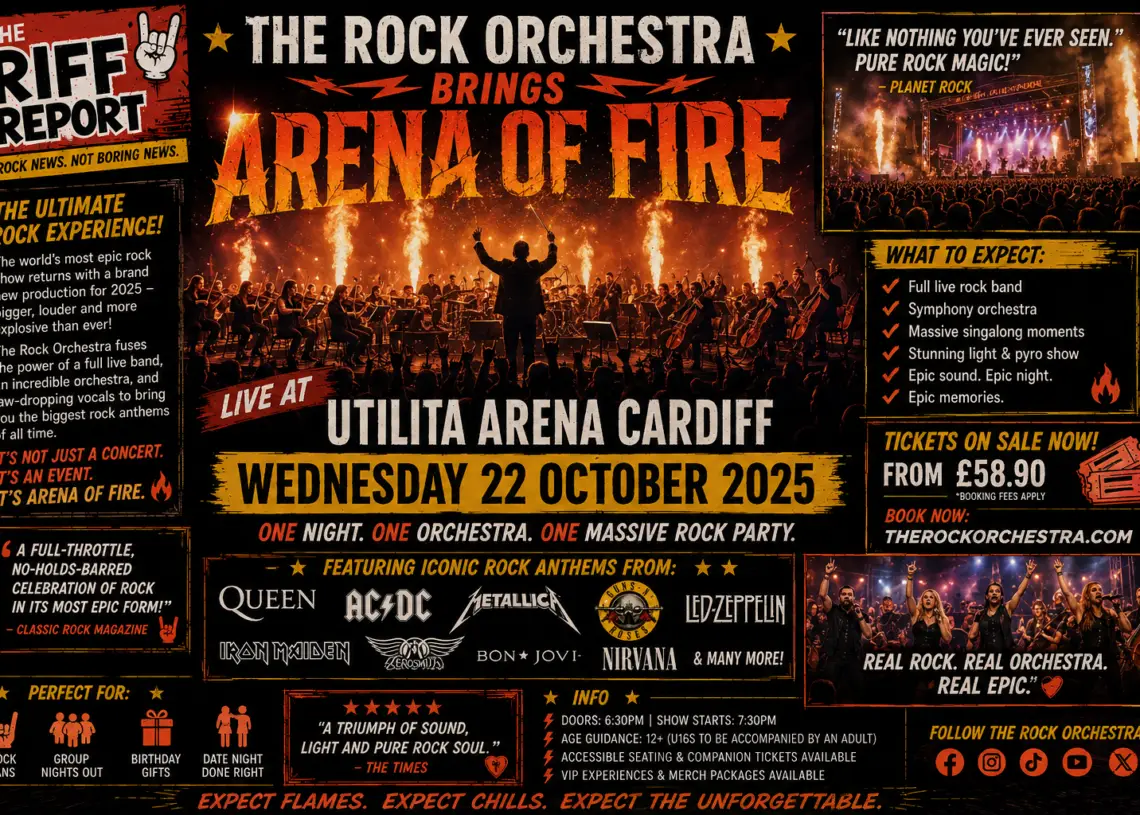 Promotional poster for The Rock Orchestra's Arena of Fire at Utilita Arena Cardiff, Oct 22, 2025, featuring a fiery stage and conductor with an orchestra.