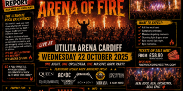 Promotional poster for The Rock Orchestra's Arena of Fire at Utilita Arena Cardiff, Oct 22, 2025, featuring a fiery stage and conductor with an orchestra.