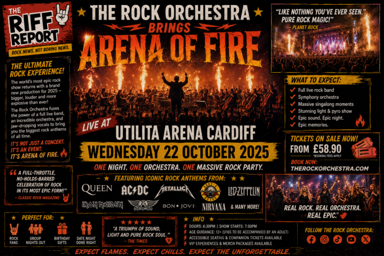Promotional poster for The Rock Orchestra's Arena of Fire at Utilita Arena Cardiff, Oct 22, 2025, featuring a fiery stage and conductor with an orchestra.