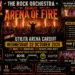 Promotional poster for The Rock Orchestra's Arena of Fire at Utilita Arena Cardiff, Oct 22, 2025, featuring a fiery stage and conductor with an orchestra.
