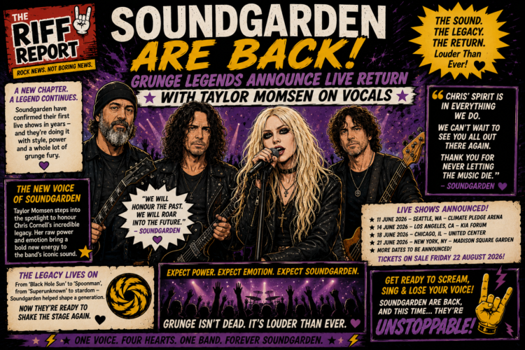 7615094a-7cba-4033-8921-913e063d8fcb - the Riff Report Blog Promotional poster announcing Soundgarden's return with four band members center stage and a bold headline 'SOUNDGARDEN ARE BACK!', in a comic-book style layout with purple and yellow accents.