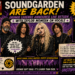 7615094a-7cba-4033-8921-913e063d8fcb - the Riff Report Blog Promotional poster announcing Soundgarden's return with four band members center stage and a bold headline 'SOUNDGARDEN ARE BACK!', in a comic-book style layout with purple and yellow accents.