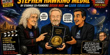 76c9f893-ded4-4709-9d4e-c330b6545075 - the Riff Report Blog Comic-style poster showing three men presenting Stephen Hawking Medal, with space backdrop and science-themed text banners.
