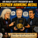 Comic-style poster showing three men presenting Stephen Hawking Medal, with space backdrop and science-themed text banners.