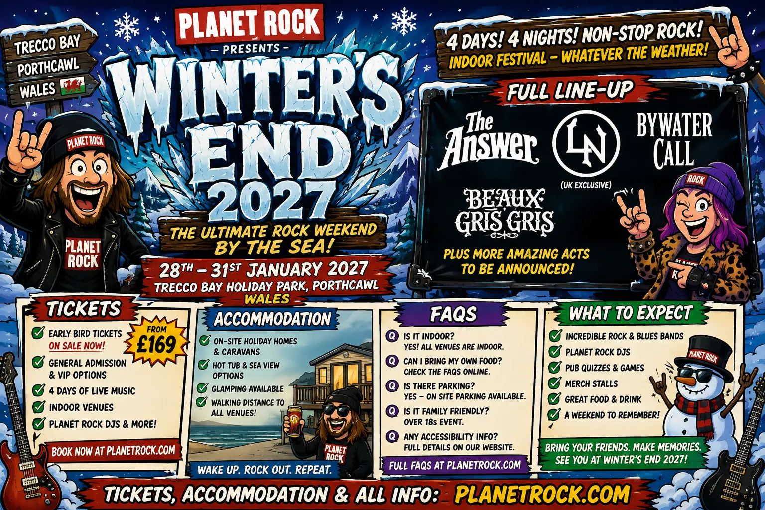 Poster for Planet Rock's Winter's End 2027 rock festival: 28–31 January at Trecco Bay, Porthcawl, Wales (indoors).