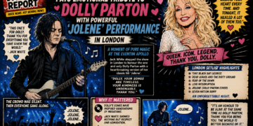 7cd8ec1c-6593-4a17-abf0-eb00730a305f - the Riff Report Blog Retro comic-style poster advertising a Jolene tribute show with a guitarist on the left and a smiling blonde vocalist on the right.
