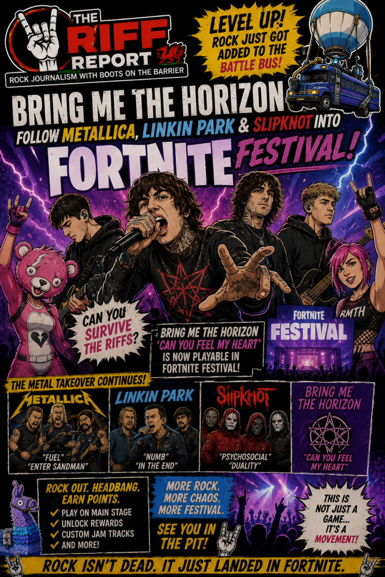 Promotional Fortnite Festival poster featuring Bring Me The Horizon with metal bands, promoting acts like Metallica, Linkin Park, and Slipknot in a bright, comic-book style illustration.