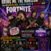 Promotional Fortnite Festival poster featuring Bring Me The Horizon with metal bands, promoting acts like Metallica, Linkin Park, and Slipknot in a bright, comic-book style illustration.