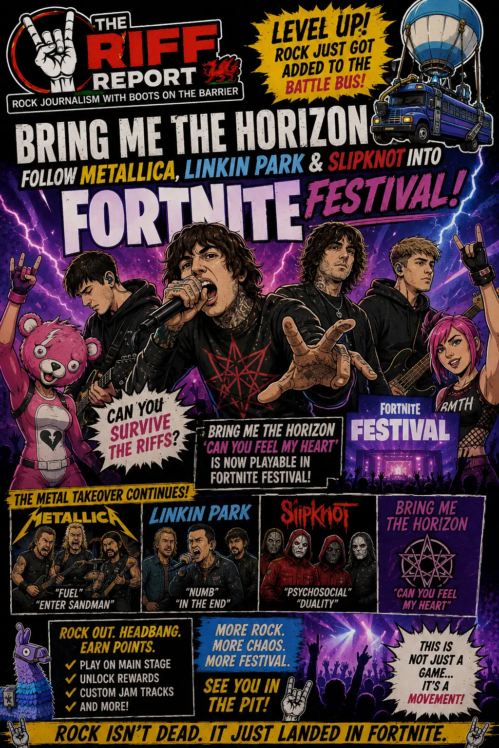 Promotional Fortnite Festival poster featuring Bring Me The Horizon with metal bands, promoting acts like Metallica, Linkin Park, and Slipknot in a bright, comic-book style illustration.