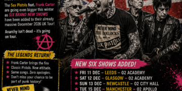 7e0e2165-f223-4e5c-9f3b-d1a1e63c93de - the Riff Report Blog Concert poster for Sex Pistols featuring Frank Carter; announces six new 2026 UK tour shows, with a Union Jack background.