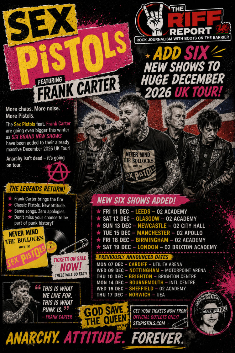 Concert poster for Sex Pistols featuring Frank Carter; announces six new 2026 UK tour shows, with a Union Jack background.