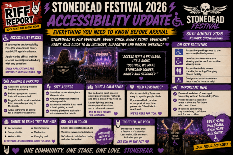 810d462c-3ad2-4c4c-a19f-64aaea8b72f9 - the Riff Report Blog Poster for Stonedead Festival 2026 highlighting accessibility update and inclusive weekend info with wheelchair symbol and stage image.