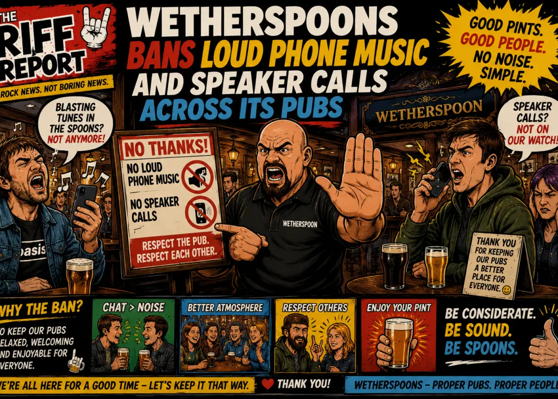 Comic‑style pub scene protesting bans on loud phone music and speaker calls, featuring a yelling bouncer with his hand raised, a sign reading 'No Thanks! No loud phone music No speaker calls', and patrons at tables with beers on a busy wall-art backdrop.
