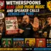Comic‑style pub scene protesting bans on loud phone music and speaker calls, featuring a yelling bouncer with his hand raised, a sign reading 'No Thanks! No loud phone music No speaker calls', and patrons at tables with beers on a busy wall-art backdrop.