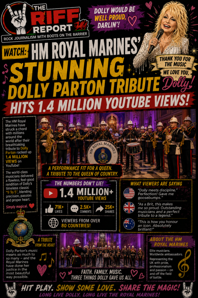 Colorful poster advertising 'The Riff Report' Dolly Parton tribute to HM Royal Marines, featuring a singing Dolly, a marching band, and bold headlines about 1.4 million YouTube views.