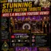 Colorful poster advertising 'The Riff Report' Dolly Parton tribute to HM Royal Marines, featuring a singing Dolly, a marching band, and bold headlines about 1.4 million YouTube views.