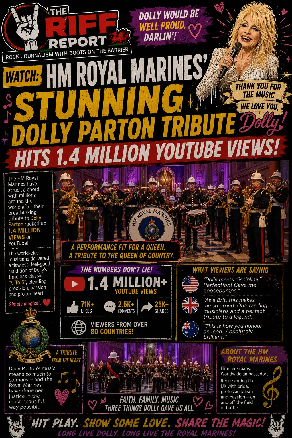Colorful poster advertising 'The Riff Report' Dolly Parton tribute to HM Royal Marines, featuring a singing Dolly, a marching band, and bold headlines about 1.4 million YouTube views.
