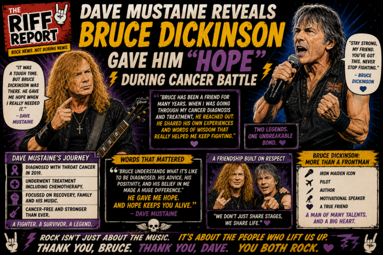 8c5073a5-7387-4aaa-8fe2-304416a0adcf - the Riff Report Blog Comic-style poster featuring Dave Mustaine (left) with guitar and Bruce Dickinson (right) singing, centered along with bold headlines about 'Hope' during cancer battle and quotes from friends; panels and speech bubbles emphasize friendship and resilience.