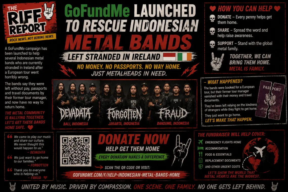 Poster announcing a GoFundMe to rescue Indonesian metal bands stranded in Ireland, with band photos, donation callouts, and ways to help.