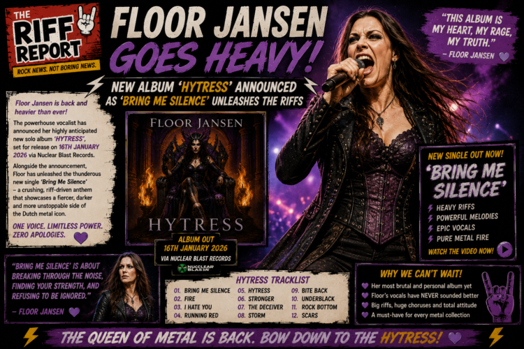 981432a2-06f4-436a-b485-ea2168ccd7b8 - the Riff Report Blog Promotional poster announcing Floor Jansen's heavy metal era with bold title, singer on the right, and album artwork for HyTress in the center, plus side panels of quotes and tracklist.