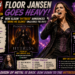 981432a2-06f4-436a-b485-ea2168ccd7b8 - the Riff Report Blog Promotional poster announcing Floor Jansen's heavy metal era with bold title, singer on the right, and album artwork for HyTress in the center, plus side panels of quotes and tracklist.