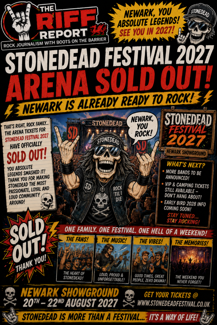 Bold rock-poster for Stonedead Festival 2027: arena sold out; Newark showground, Aug 20–22, 2027; skull-logo artwork with crowd imagery.