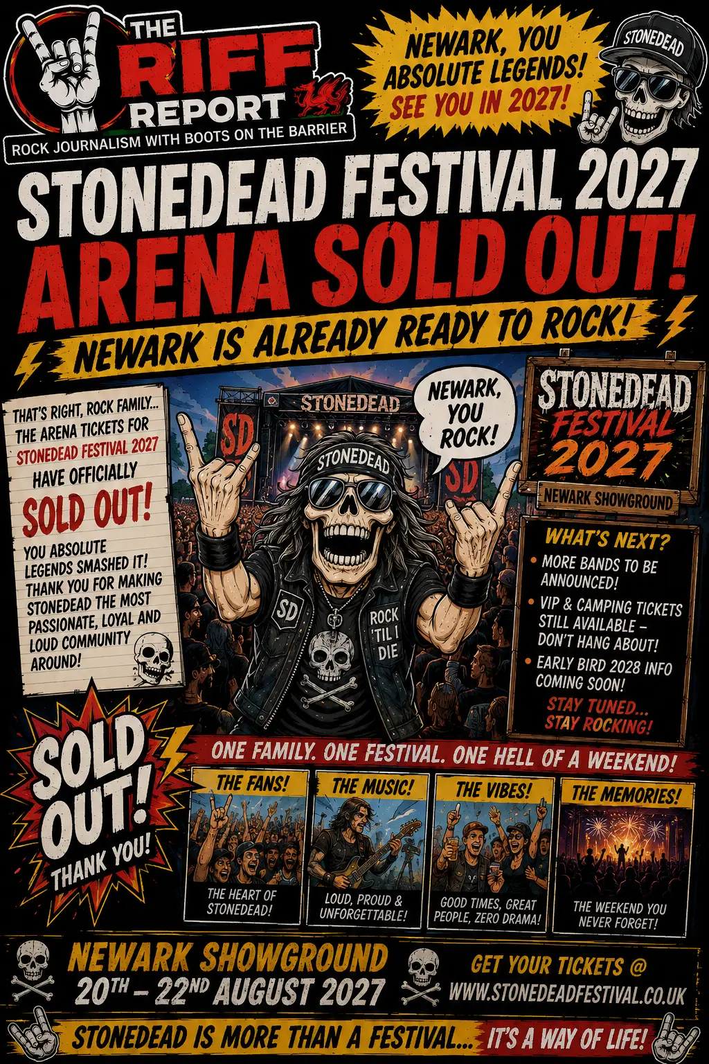 Bold rock-poster for Stonedead Festival 2027: arena sold out; Newark showground, Aug 20–22, 2027; skull-logo artwork with crowd imagery.