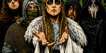 9e96eb63-a2aa-47aa-adf6-4f73abaf8ccd - the Riff Report Blog Cover art for The Riff Report: five costumed band members in a forest, center figure with outstretched hands, title 'Interviews with LN' across the top.