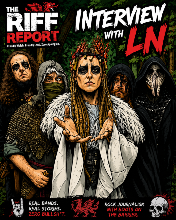 Cover art for The Riff Report: five costumed band members in a forest, center figure with outstretched hands, title 'Interviews with LN' across the top.