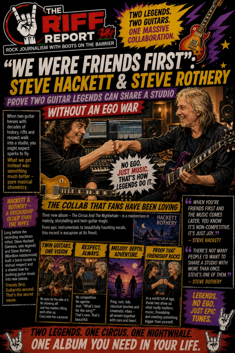 Poster-style collage announcing 'We Were Friends First' with Steve Hackett and Steve Rothery, celebrating a no-ego guitar collaboration in a studio setting.