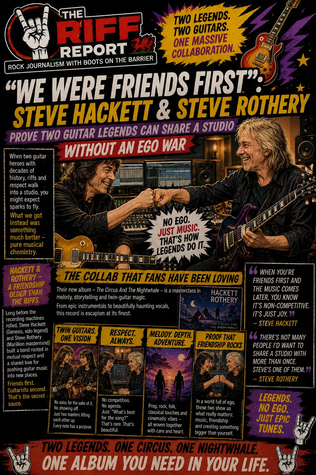 Poster-style collage announcing 'We Were Friends First' with Steve Hackett and Steve Rothery, celebrating a no-ego guitar collaboration in a studio setting.