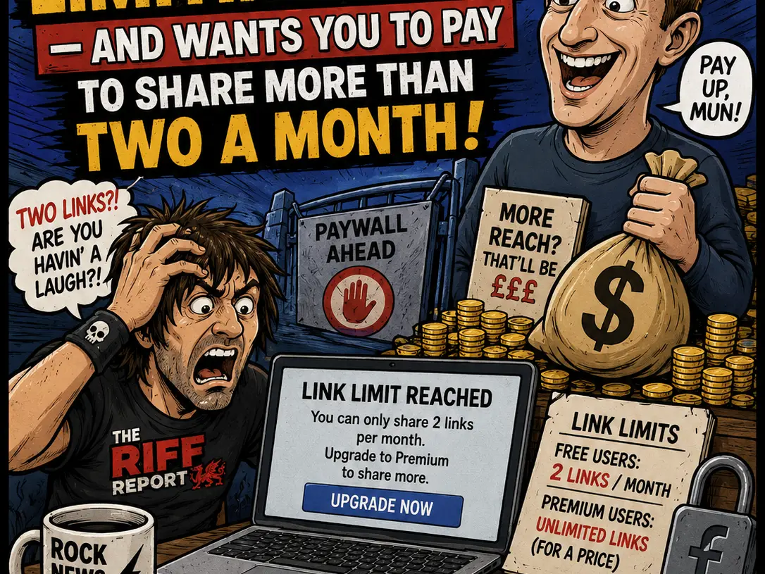 Cartoon poster about Facebook restricting links and charging to share; features a grinning man with a money bag, paywall sign, and a laptop with a paywall notice.