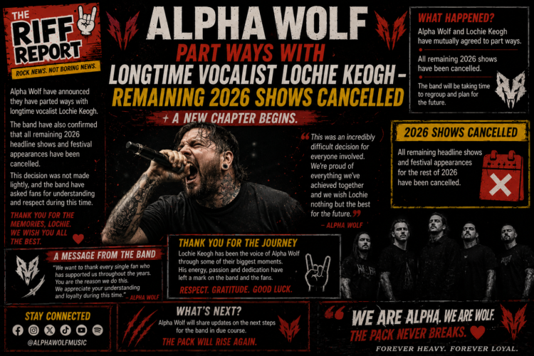 A89a845b-b2bd-410b-ac45-1fbeed9c457a - the Riff Report Blog News-style poster announcing Alpha Wolf parts ways with Lochie Keogh and cancels all remaining 2026 shows, featuring a band photo and bold headlines.