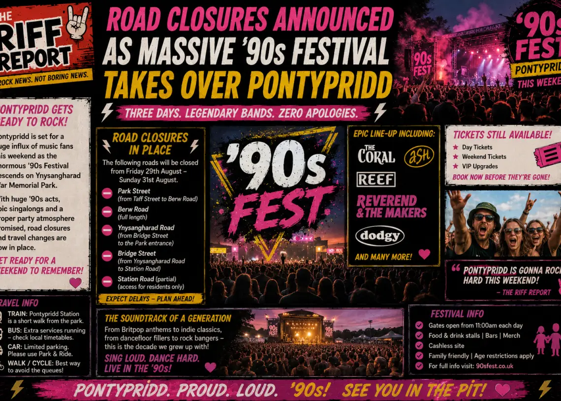 Vibrant festival poster for Pontypridd's '90s Fest' with a crowded stage scene and bold banners listing tickets, closures, and lineup info about the weekend show.