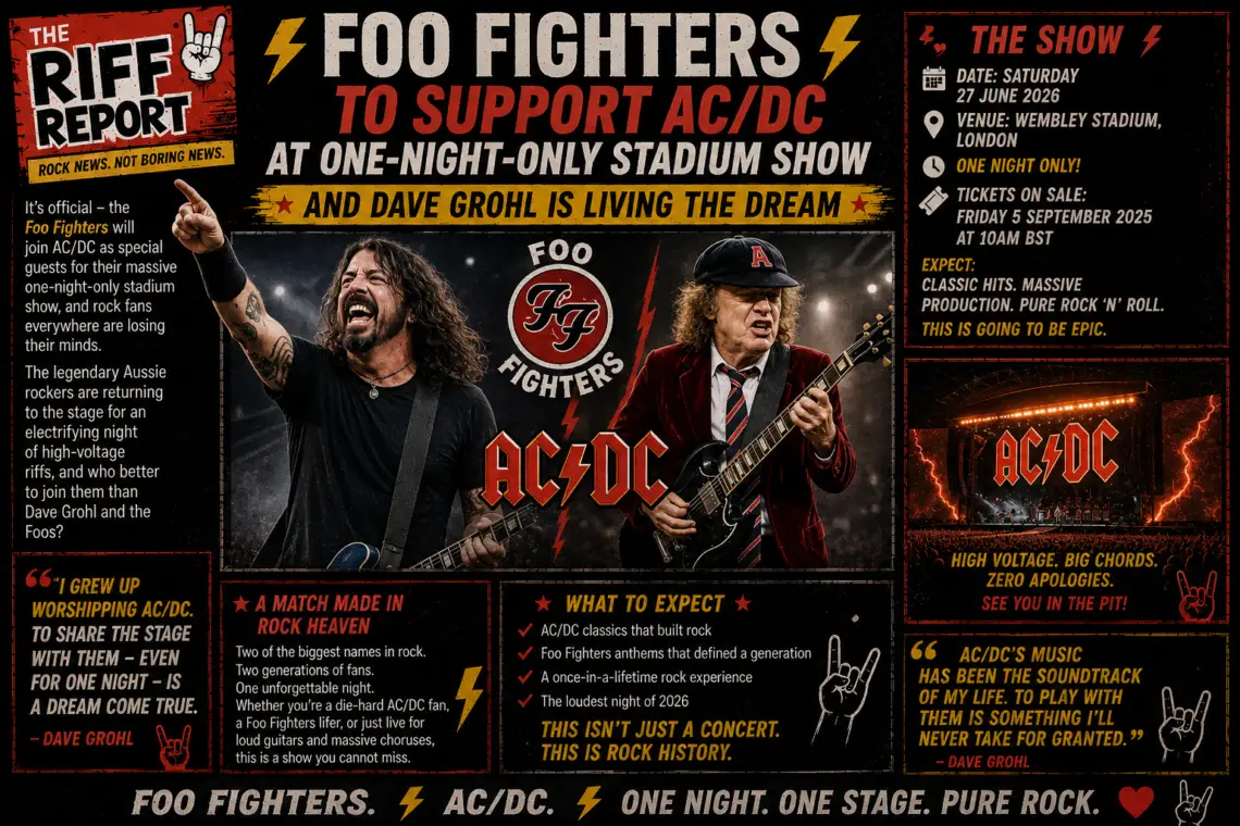 Promotional poster announcing a one-night stadium show: Foo Fighters to support AC/DC, featuring two guitarists, bold logos, and side panels with venue and date details.