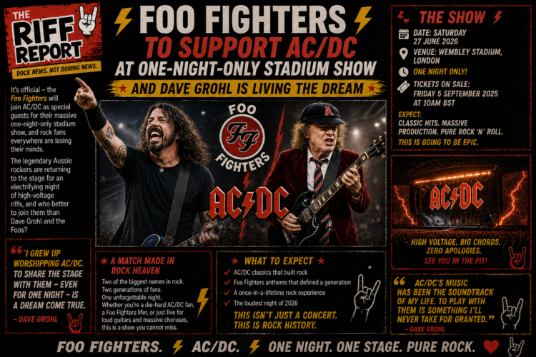 Promotional poster announcing a one-night stadium show: Foo Fighters to support AC/DC, featuring two guitarists, bold logos, and side panels with venue and date details.